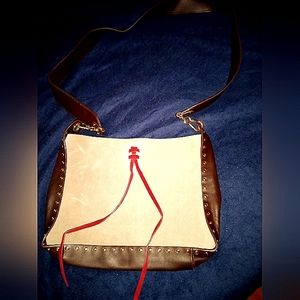 Vince Camuto Brown Leather/ Gray Suede Gold Studded Handbag